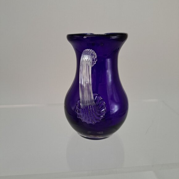 Pilgrim Glass Cobalt Blue Pitcher Clear Ribbed Applied Handle Vintage - Picture 6 of 10